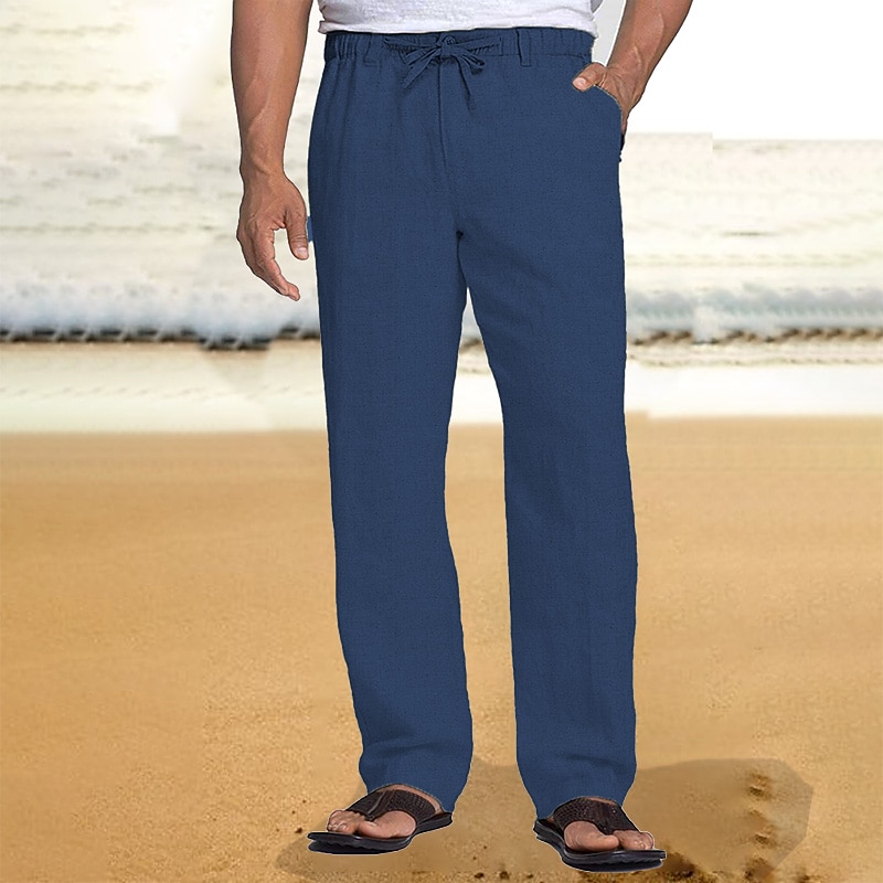 Men's Linen Pants Trousers Summer Pants Beach Pants Drawstring Elastic Waist Straight Leg Plain Comfort Breathable Casual Daily Holiday Fashion Classic Style Black White4