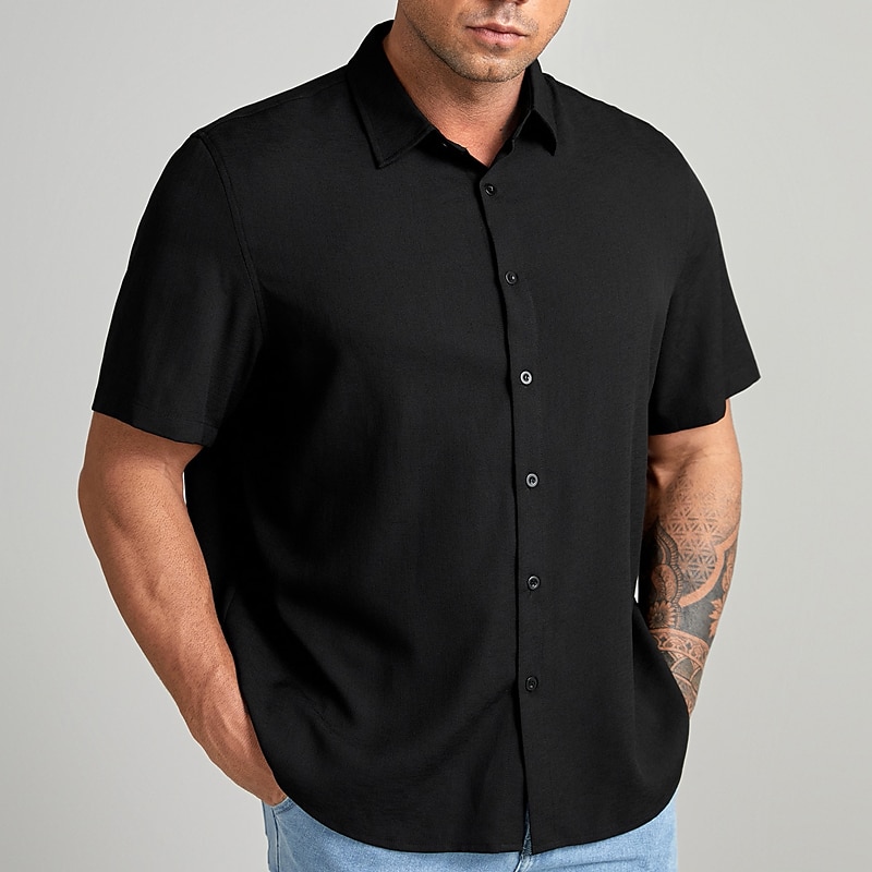 Men's Plain Shirt Button Up Shirt Short Sleeve Shirt Turndown Outdoor Vacation Black Plus Size Clothing Apparel Modern Style Solid Retro Vintage