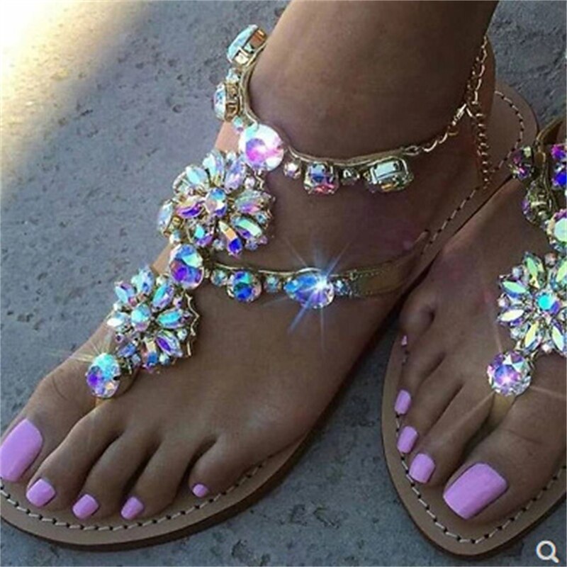 Women's Rhinestone Flat Sandals – Gold Crystal-Embellished T-Strap Sandals with Ankle Chain, Elegant Summer Beach Wedding Shoes
