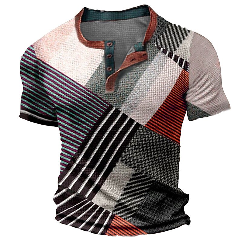 Men's Graphic Color Block Waffle Henley Shirt Tee Vintage Shirt Short Sleeve 3D Print Fashion Designer Comfortable Outdoor Casual Daily Summer Black Blue Sky Blue Brown Gray Henley Henley T-Shirt4