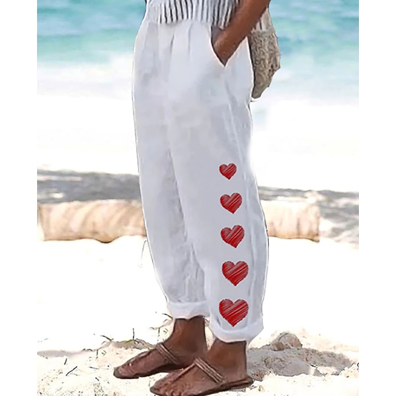 Women's Cotton Linen Pants Baggy Pants Linen Like Vintage Casual Full Length Heart Floral Butterfly Side Pockets Baggy Print Comfort Inelastic Vacation Daily White Yellow Red Blue Fall Regular Fit2