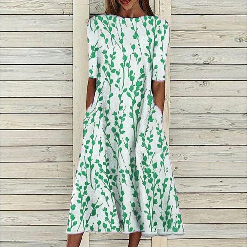 Women's Midi Dress Casual Dress Blue Half Sleeve Print Ruched Spring Summer Crew Neck Casual 2023 S M L XL XXL 3XL4