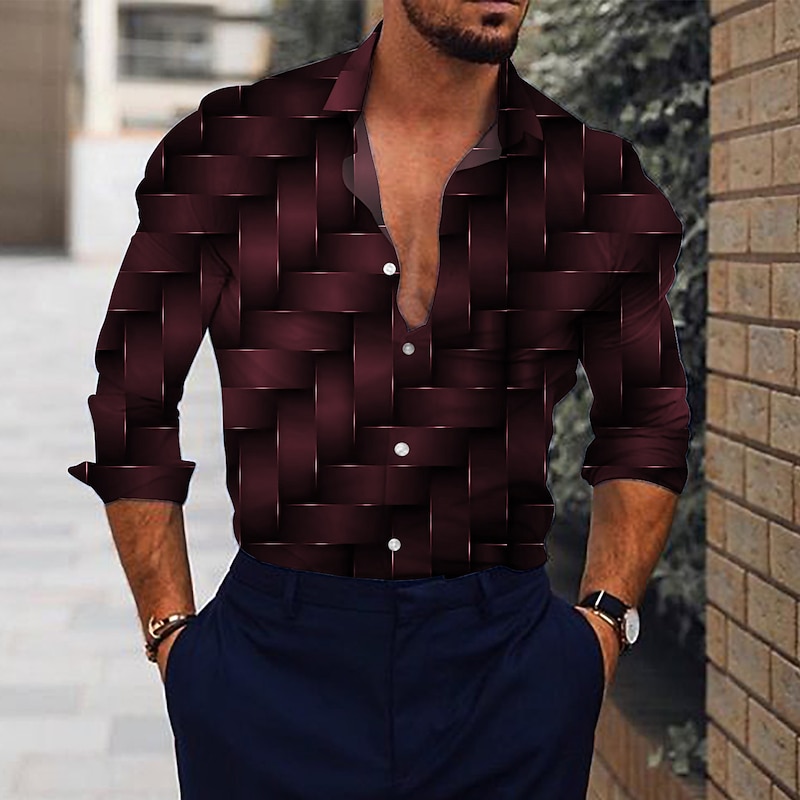 Men's Optical Illusion Shirt Button Up Shirt Long Sleeve Fashion Designer Casual Outdoor Street Casual Summer Spring Turndown Print Button-Down Black Wine Blue Brown Green4