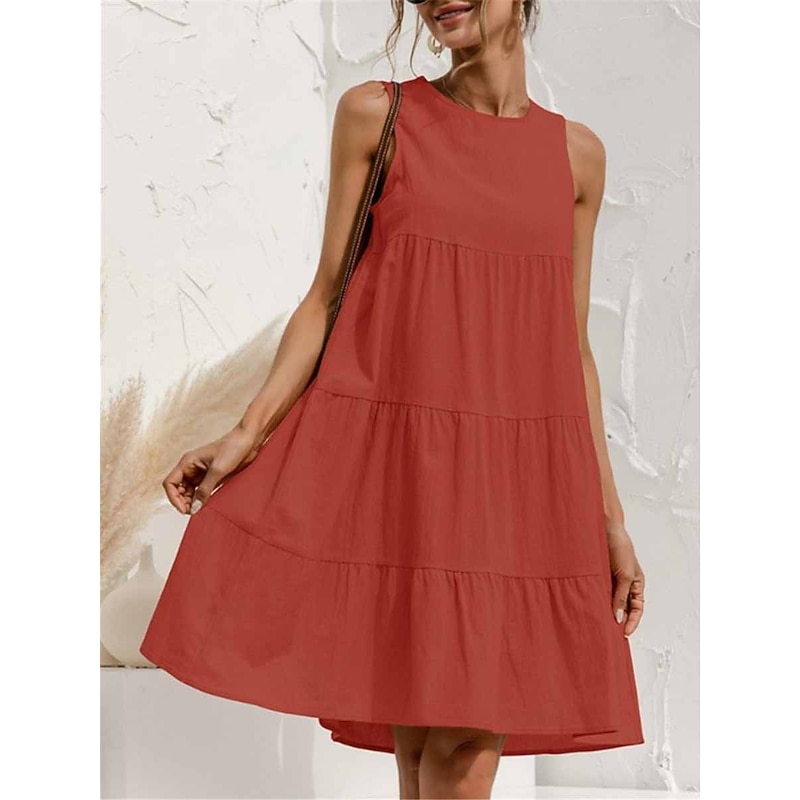 Women's Light Blue ArmyGreen Black Summer Spring Mini Dress Cotton Linen Dresses Casual Dress Tiered Dress Basic Casual Outdoor Daily Regular Fit Pure Color Crew Neck 7