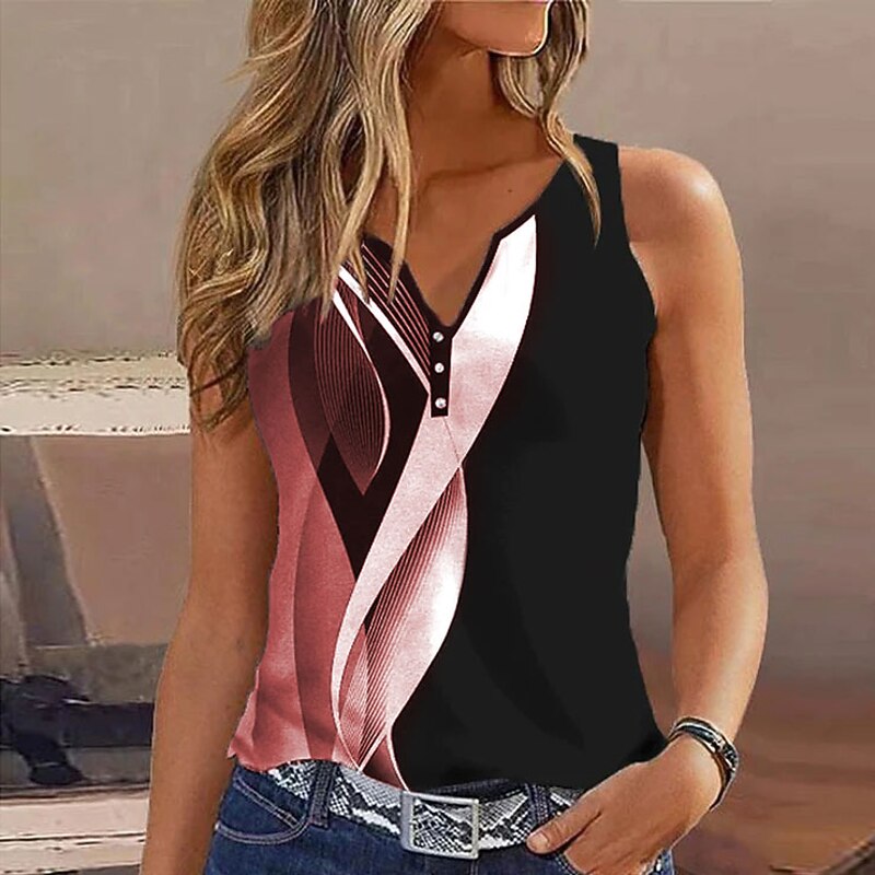 Women's Camisole Tank Top Basic Buttons Print Sleeveless Regular Tops V Neck Casual Black Red Purple Light Blue2