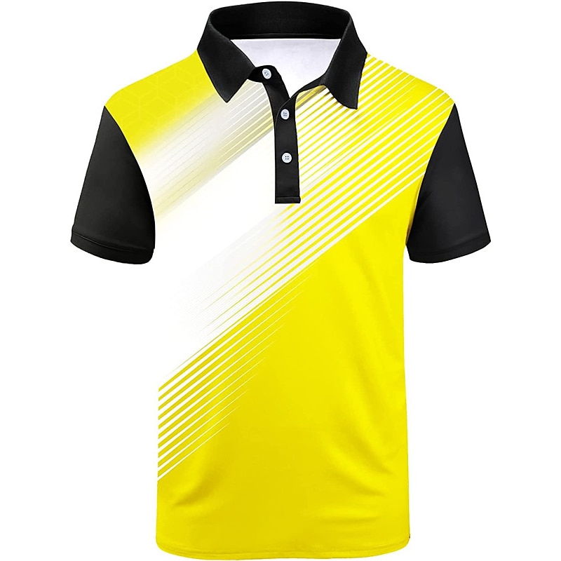Men's Striped Sports Polo Shirts Golf Shirt Short Sleeve Polo Shirts Collared Shirts Casual Sportswear Vacation Wear Buttons 3D Print Black White Yellow3