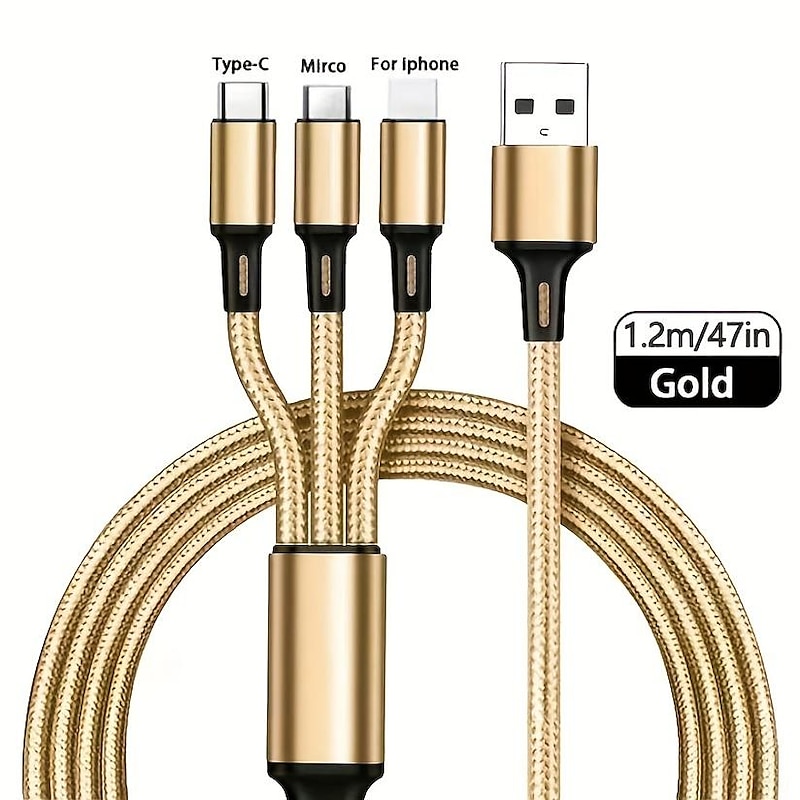 3 In 1 Cables ,Phone Charger Cord A/C To Phone +Type C+Micro Nylon Braided Sync Adapter For Android/Phone/Tablets , 3D Alloy +TPE Connector, Bold Copper Core 47.24 inch/ 3.94ft