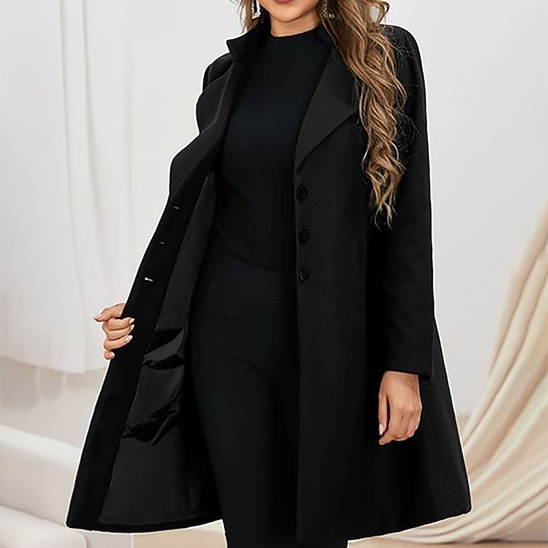 Women's Wool Blend Coat Winter Singel Breasted Lapel Long Pea Coat Fall Over Coat Formal Office Windproof Warm Simple Elegant & Luxurious Basic Jacket Long Sleeve Black2
