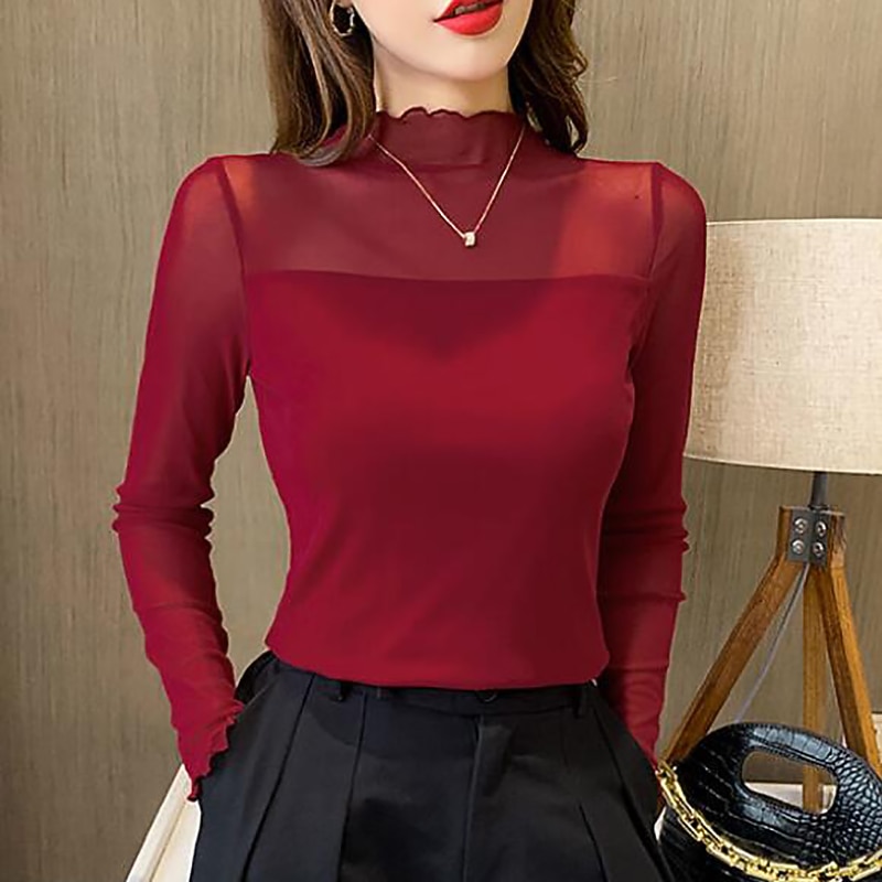 Ballroom Dance Activewear Top Ruching Pure Color Splicing Women's Performance Training Long Sleeve Polyester Mesh3