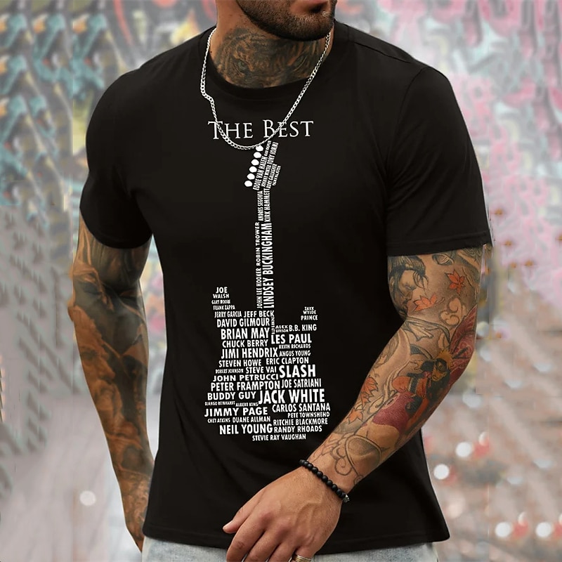 Men's Graphic T-Shirt, "The Best" Guitar Legends Iconic Musicians List in Guitar Shape Design Music Fan Tee3