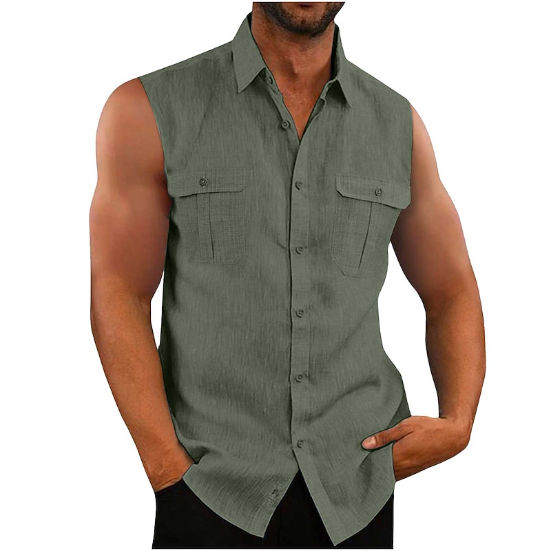 Men's Cotton Linen Shirt Summer Shirt Casual Shirt Beach Shirt Solid / Plain Color Hawaiian Black Blue Purple Green Sleeveless Shirt Collar Summer Clothing Apparel3