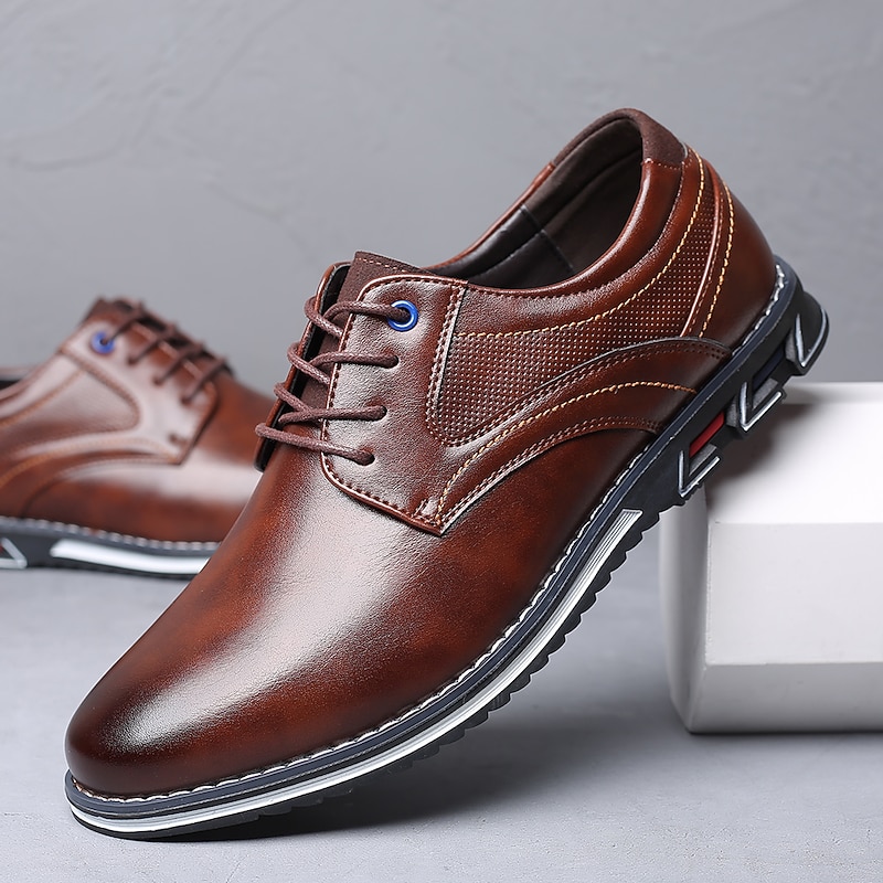 Men's Brown Leather Oxford Shoes with Non-Slip Rubber Sole - Stylish and Comfortable Dress Shoes for Formal and Casual Wear