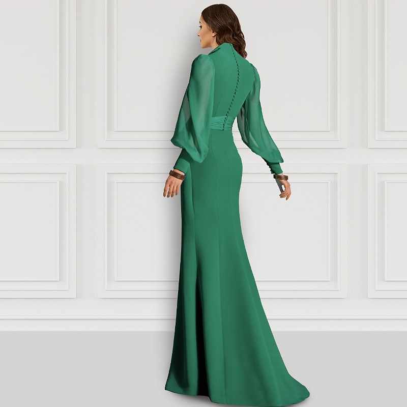 Beach Wedding Mermaid Evening Gown Elegant Dress Formal Wedding Guest Sweep / Brush Train Long Sleeve V Neck Fall Wedding Guest Chiffon with Slit Strappy2