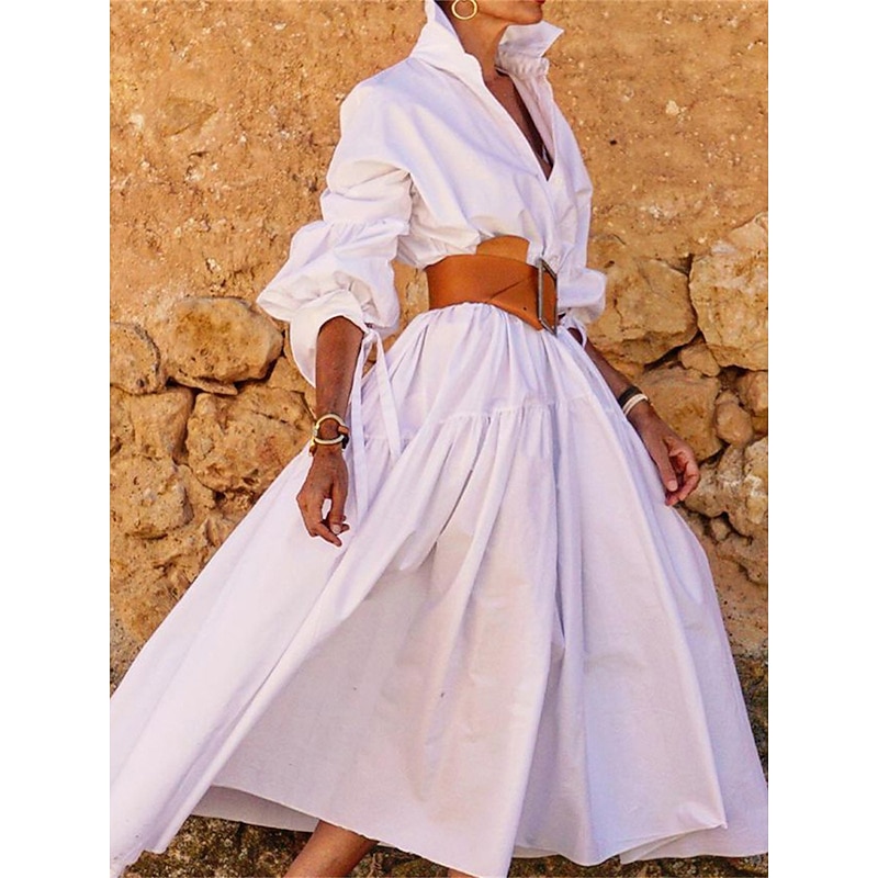 Women's White Dress Shirt Dress Casual Dress Maxi long Dress Outdoor Daily Polyester Fashion Casual Shirt Collar Lace up Button Long Sleeve Summer Spring Regular Fit Pure Color