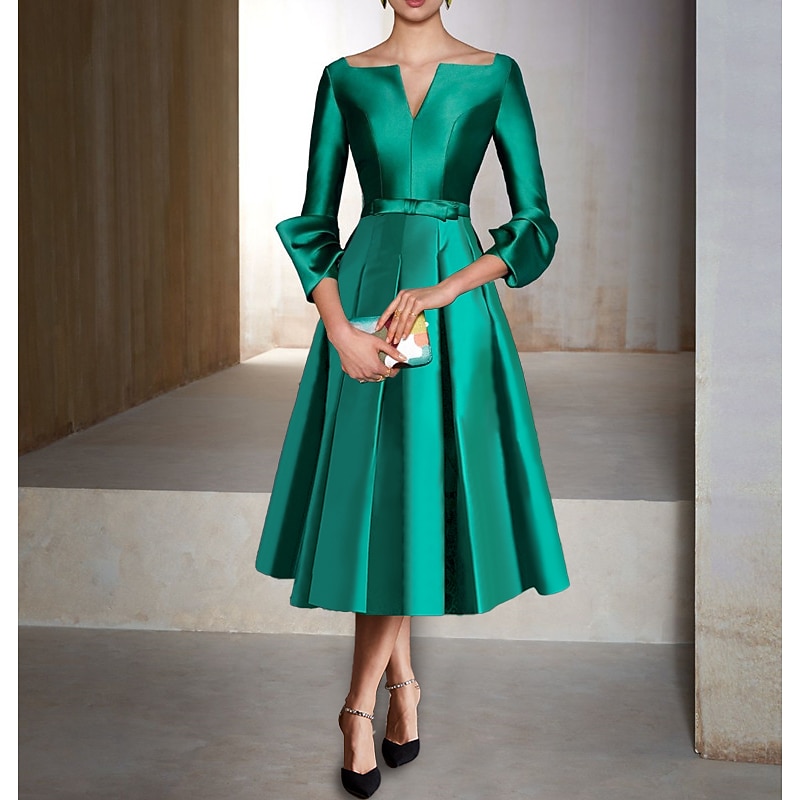 A-Line Cocktail Dresses Elegant Dress Formal Wedding Guest Tea Length 3/4 Length Sleeve V Neck Satin with Pleats Dresses