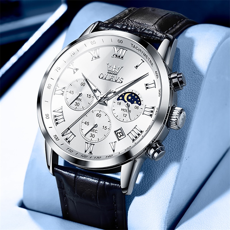 OLEVS Men Quartz Watch Sports Waterproof Moon phase Luminous Calendar Chronograph Genuine Leather Watch