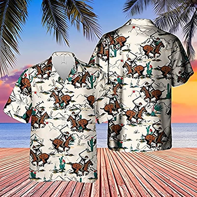 Kentucky Derby Men's Cowboy Shirt Summer Hawaiian Shirt Aloha Shirt Short Sleeve Shirt Turndown Vintage Hawaiian Designer Outdoor Street Casual White Yellow Pink 3D Print S M L4