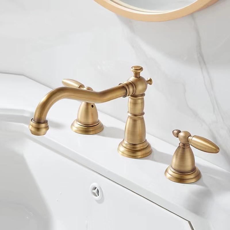 Widespread Bathroom Sink Mixer Faucet, 3 Hole 2 Handle Brass Basin Taps Vessel Water Tap Washroom with Hot and Cold Hose Deck Mounted, Wash Basin Faucet 5