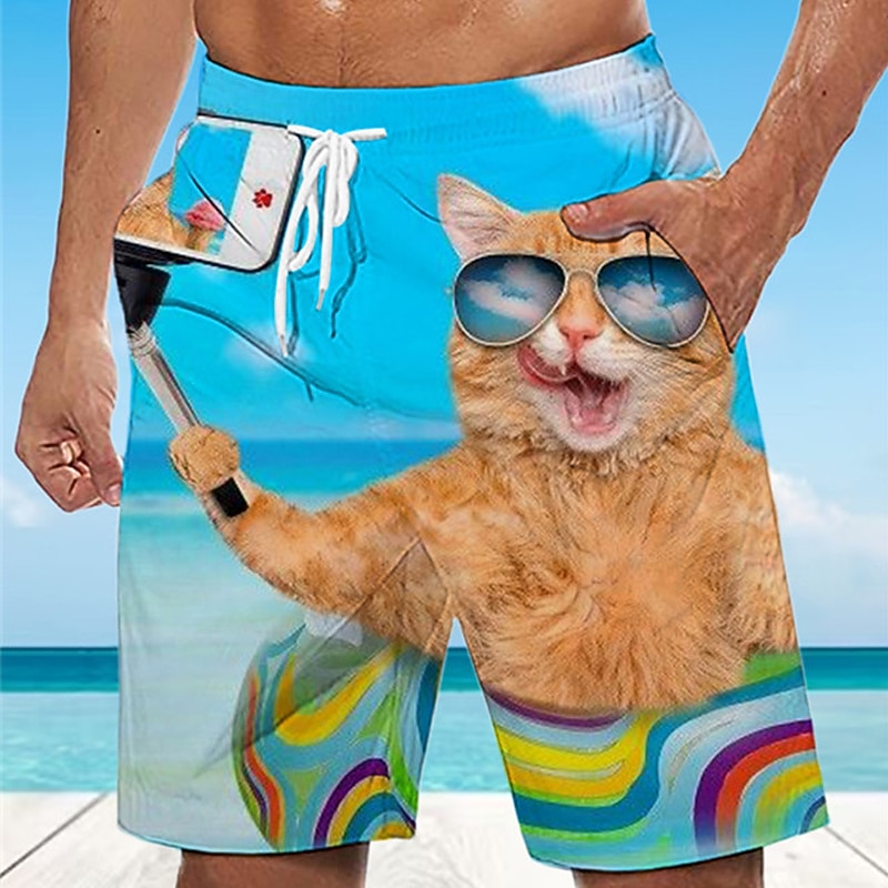 Men's Animal Cat Graphic Prints Swimming Trunks Board Shorts Swim Shorts Mid Waist Hawaiian Boho Casual Daily Holiday Drawstring with Mesh lining Elastic Waist Designer Clothing Apparel4