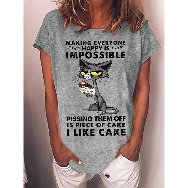 Women's T Shirt Cat Letter Text Basic Short Sleeve Round Neck Regular Tops Daily Weekend Print White Red Blue Green Gray Spring, Fall, Winter, Summer4