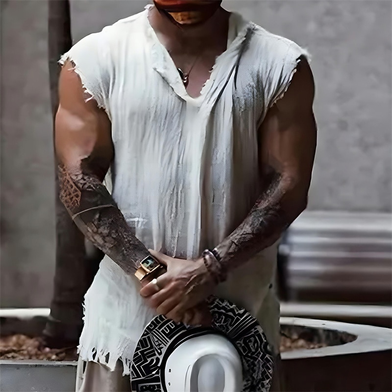 Men's Shirt Linen Shirt Viking Style Summer Shirt Beach Wear Plain Vacation Hawaiian White Wine Blue Dark Grey Sleeveless V Neck Summer Clothing Apparel2