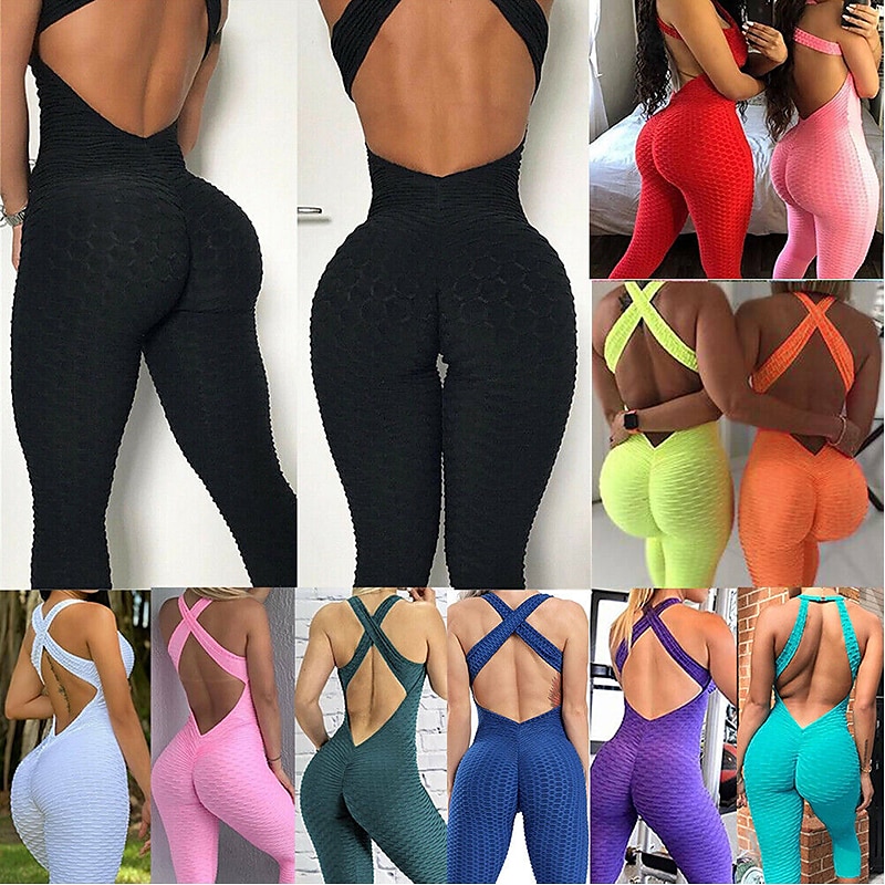 Women's Onesie Workout Sets Scrunch Butt Open Back Bodysuit Romper Clothing Suit Black White Spandex Yoga Fitness Gym Workout Tummy Control Butt Lift Quick Dry Sleeveless Sport Activewear High4