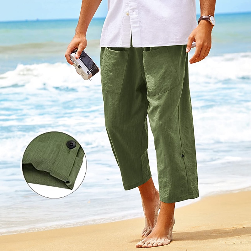 Men's Shorts Linen Shorts Summer Shorts Beach Shorts Capri Pants Drawstring Elastic Waist Front Pocket Plain Comfort Breathable Daily Holiday Going out Hawaiian Boho Black White4