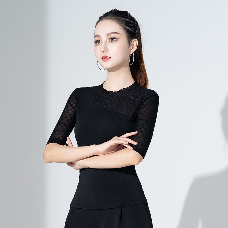 Latin Dance Ballroom Dance Top Printing Ruching Pure Color Women's Performance Training Half Sleeve High Polyester2