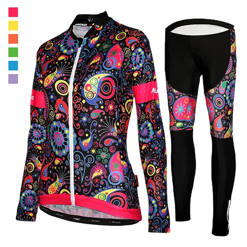 Women's Long Sleeve Cycling Jersey with Tights Winter Mesh Lycra Polyester Green Black Purple Floral Botanical Funny Bike Jersey Tights UV Resistant 3D Pad Breathable Quick Dry Reflective Strips