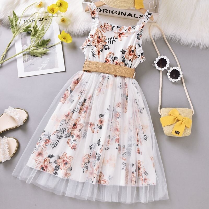 Kids Girls' Dress Floral Sleeveless Casual Active Daily Cotton Asymmetrical Casual Dress A Line Dress Floral Dress Summer Spring 5-12 Years White2