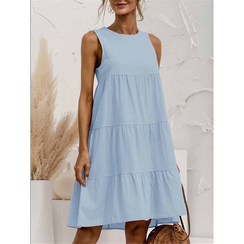Women's Light Blue ArmyGreen Black Summer Spring Mini Dress Cotton Linen Dresses Casual Dress Tiered Dress Basic Casual Outdoor Daily Regular Fit Pure Color Crew Neck