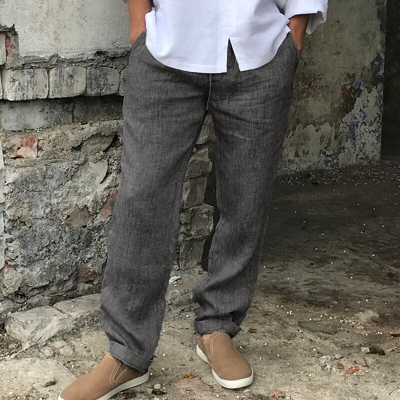 Men's Linen Pants Trousers Summer Pants Beach Pants Drawstring Elastic Waist Straight Leg Plain Comfort Breathable Casual Daily Holiday Streetwear Designer Gray