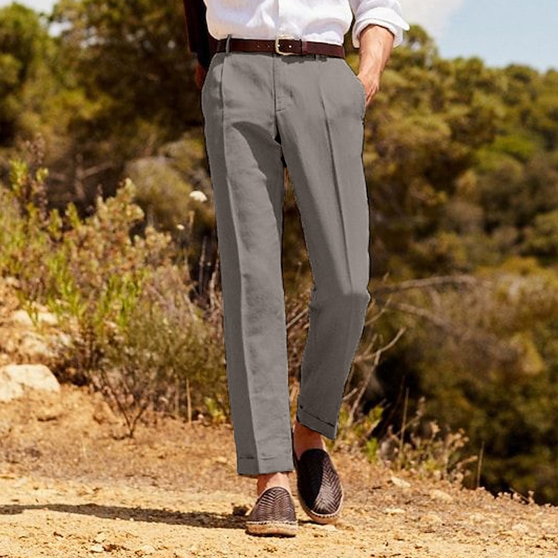 Men's Linen Pants Trousers Summer Pants Beach Pants Pocket Plain Comfort Breathable Outdoor Daily Going out Fashion Streetwear Dark Gray Beige2