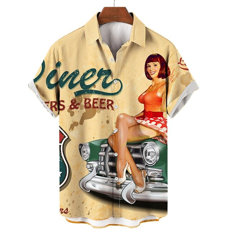 Men's Letter Motorcycle Pin Up Girl Shirt Summer Hawaiian Shirt Aloha Shirt Short Sleeves Shirt Turndown Vintage Tropical Fashion Street Casual Hawaiian Light Yellow Black Yellow S M L2