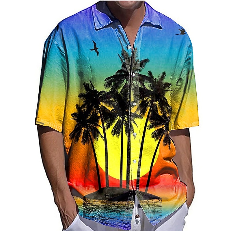 Men's Coconut Tree Sunset Tropical Plants Shirt Summer Hawaiian Shirt Aloha Shirt Short Sleeves Shirt Turndown Fashion Streetwear Designer Outdoor Street Casual White Yellow Blue S M L2