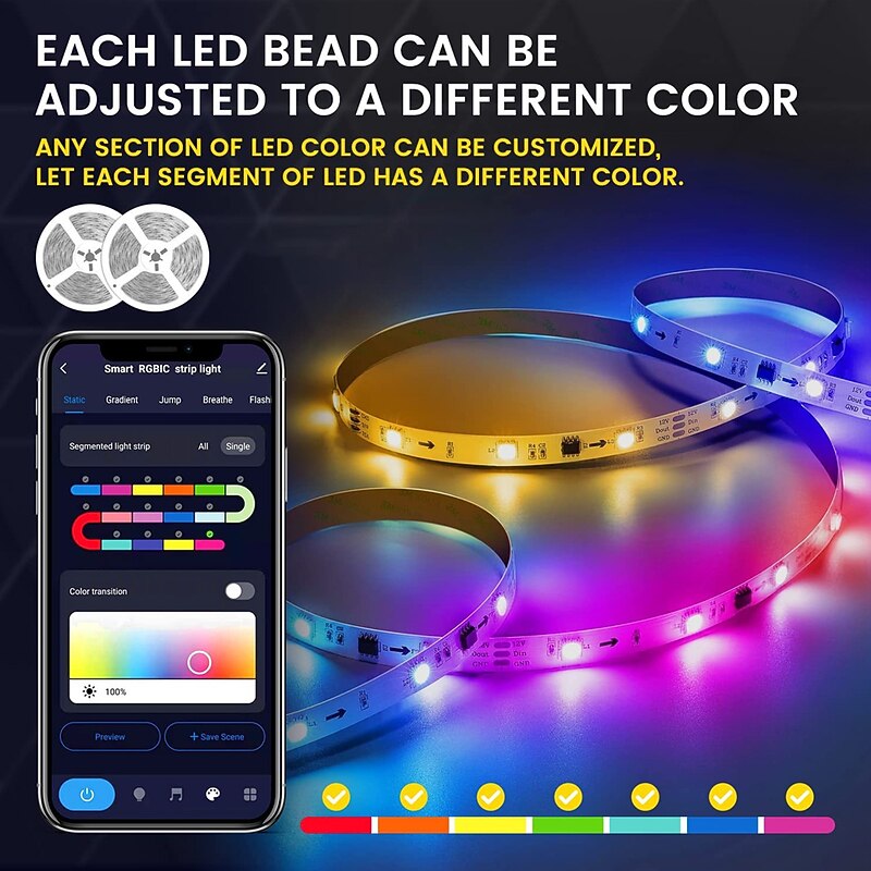 RGBIC LED Strip Compatible with Alexa Google Home Color Changing LED Light Music Sync TUYA WiFi for Bedroom Ceiling Playroom Shustar2