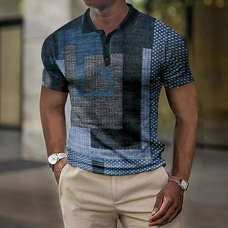 Men's Plaid Waffle Polo Shirts Golf Shirt Short Sleeve Polo Shirts Collared Shirts Vintage Casual Vacation Wear Formal Wear Festival Wear 3D Print Buttons Wine Blue Brown2