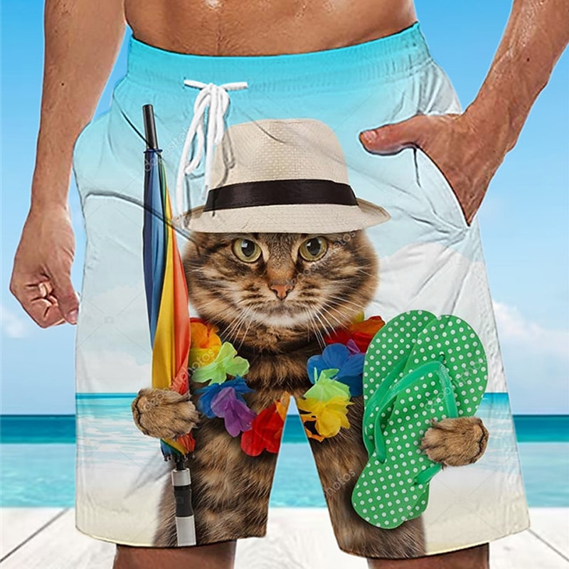 Men's Animal Cat Graphic Prints Swimming Trunks Board Shorts Swim Shorts Mid Waist Hawaiian Boho Casual Daily Holiday Drawstring with Mesh lining Elastic Waist Designer Clothing Apparel