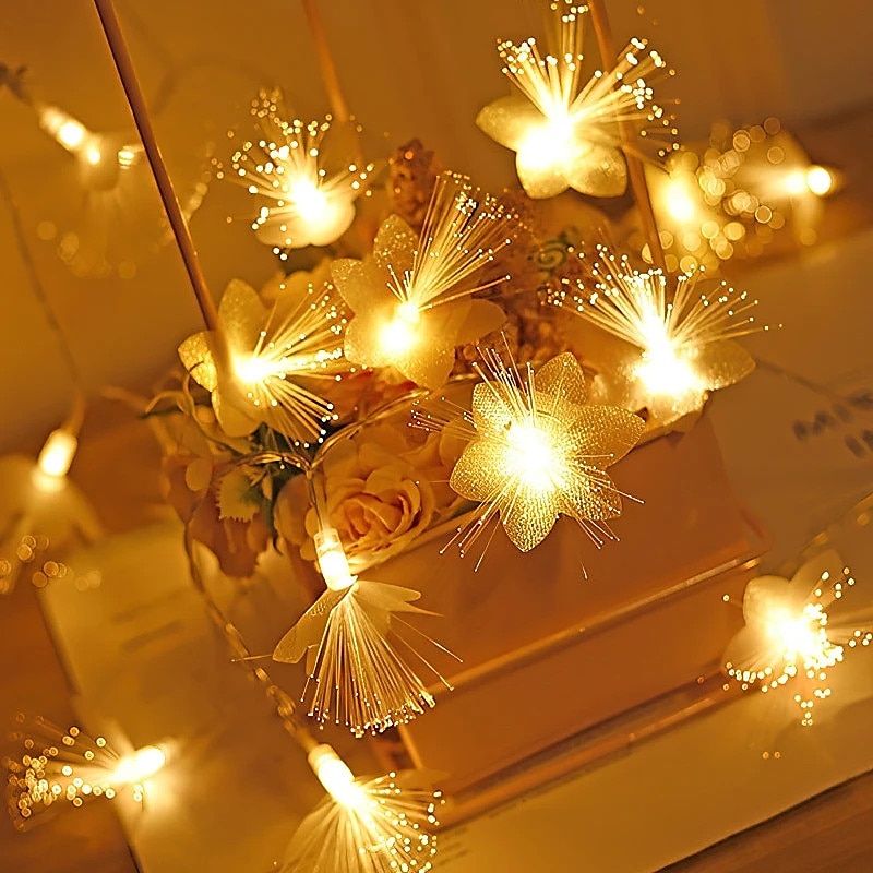 Elegant Wedding Party Reception Flower LED Fiber Optic String Lights – 1.5M/3M Garland, Battery-Powered Tree Lamp for Patio, Bedroom Holiday Decor