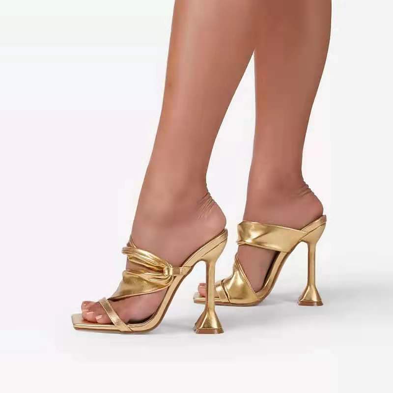Women's Gold Metallic High Heel Mules – Elegant Knot Strap Open-Toe Sandals for Party, Evening, and Special Occasions3