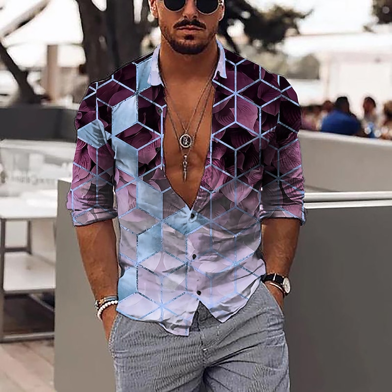 Men's Geometric Pattern Geometry Shirt Button Up Shirt Long Sleeve Fashion Designer Casual Outdoor Vacation Daily Spring & Summer Stand Collar 3D Print Button-Down Black White Pink Dark Green Green3
