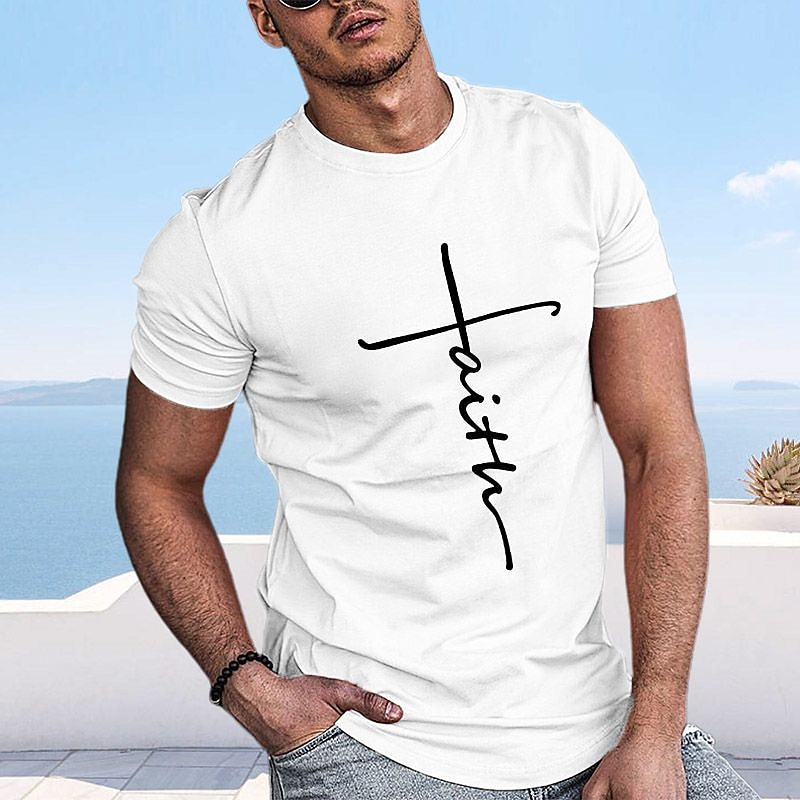 Faith Graphic T-Shirt for Men, Light Blue Short Sleeve Casual Tee