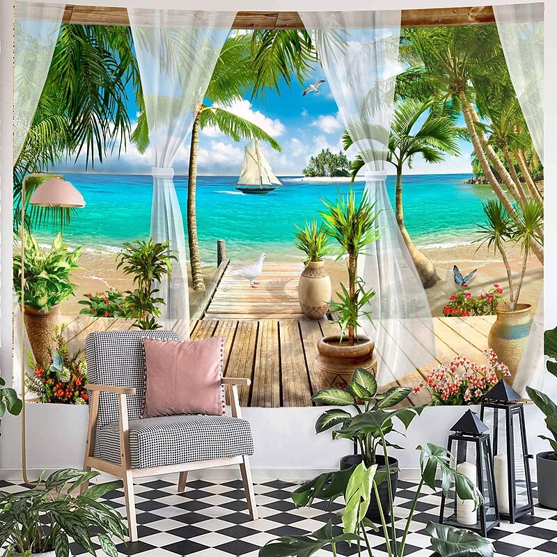 Beach Theme Hanging Tapestry Wall Art Large Tapestry Mural Decor Photograph Backdrop Blanket Curtain Home Bedroom Living Room Decoration 9