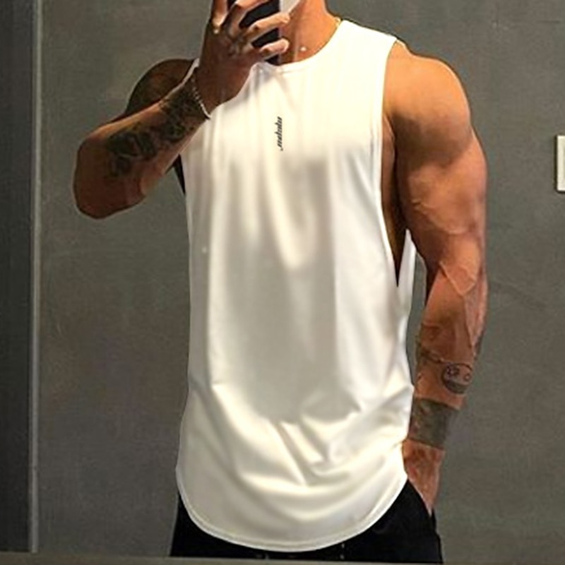 Men's Workout Tank Top Running Tank Top Sleeveless Vest / Gilet Athletic Athleisure Solid Colored Quick Dry Soft Sweat wicking Breathable Jogging Training Bodybuilding Sportswear Activewear White
