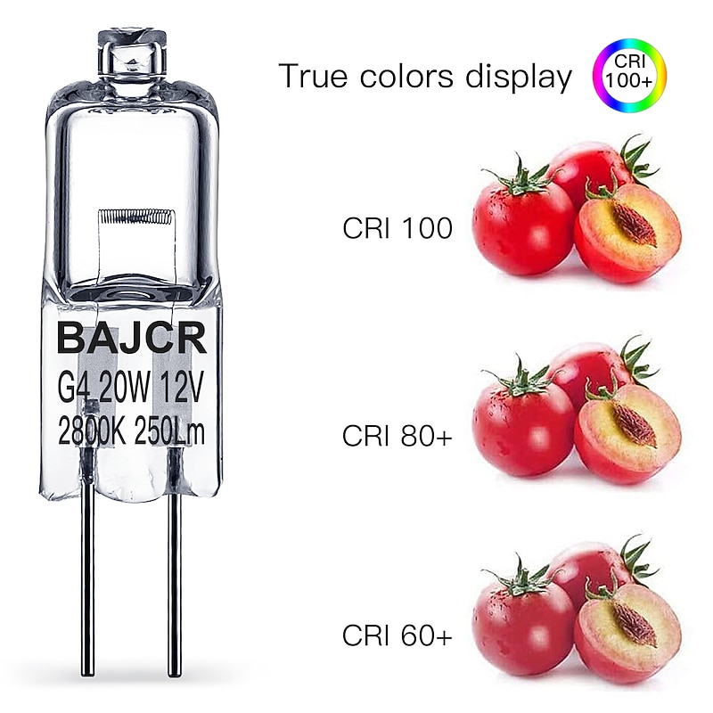 BAJCR G4 Halogen Bulb 20W, 10 Pack Dimmable G4 Light Bulb for Under Cabinet Puck Light, Chandeliers, Track Lighting, AC/DC 12 Volt, T3 JC Type Bi-Pin G4 Base, Warm White 2800K4