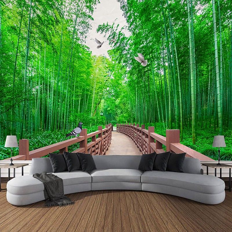 Beautiful Green Wall Tapestry Bamboo Wooden Bridge Plants Natural Scenery Art Decoration Carpet Curtain Hanging Home Bedroom Living Room Decoration4