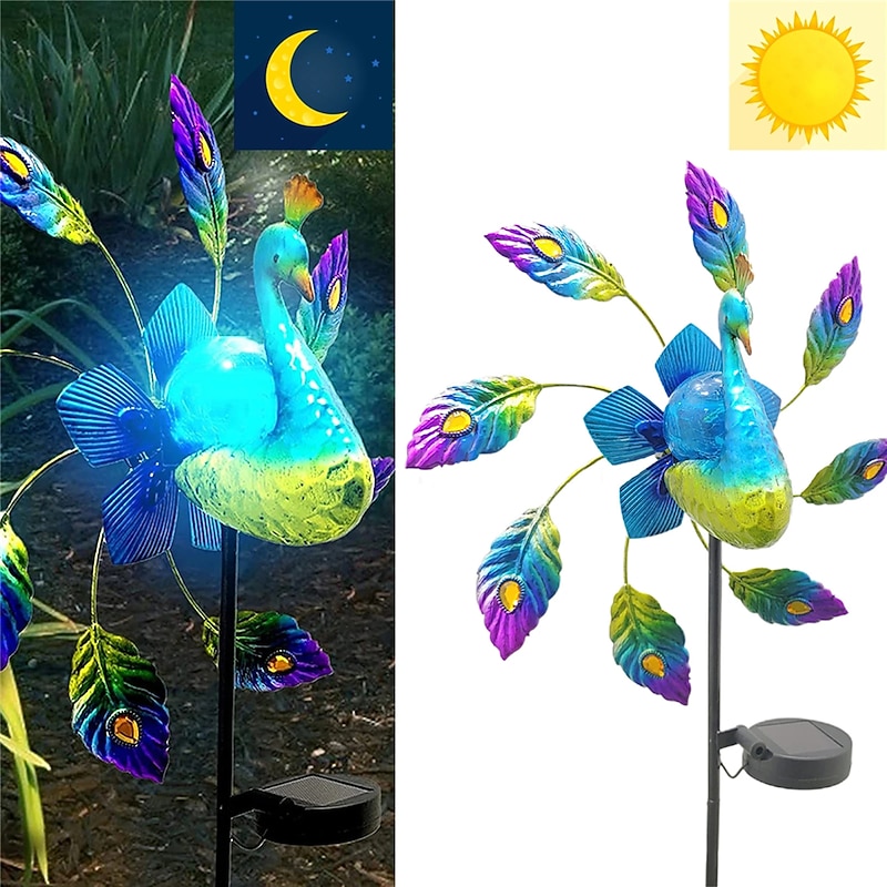 Solar Painted Peacock Garden Lights Metal Peacock Windmill Yard Stakes Outdoor Wind Spinners For Garden Yard Patio Lawn Decor lamp  1PC4