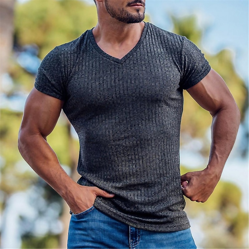 Men's T Shirt Muscle Shirt Ribbed Knit tee Short Sleeves V Neck Summer Plain Fashion Streetwear Cool Outdoor Sport Going out Black White Red Top Tee for Men
