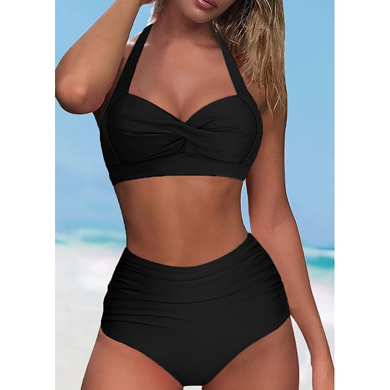 Women's Swimwear Bikini Shorts Swimsuit Halter 2 Piece Criss Cross Stylish Push Up Plain Sleeveless Bathing Suits2