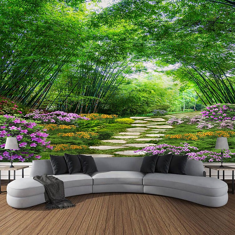 Beautiful Green Wall Tapestry Bamboo Wooden Bridge Plants Natural Scenery Art Decoration Carpet Curtain Hanging Home Bedroom Living Room Decoration3
